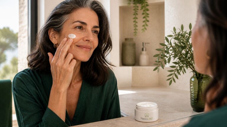 Mujer adulta aplicándose crema junto a un envase conceptual NexoCBD