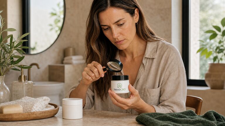 Mujer examinando cuidadosamente la etiqueta de un cosmético conceptual NexoCBD