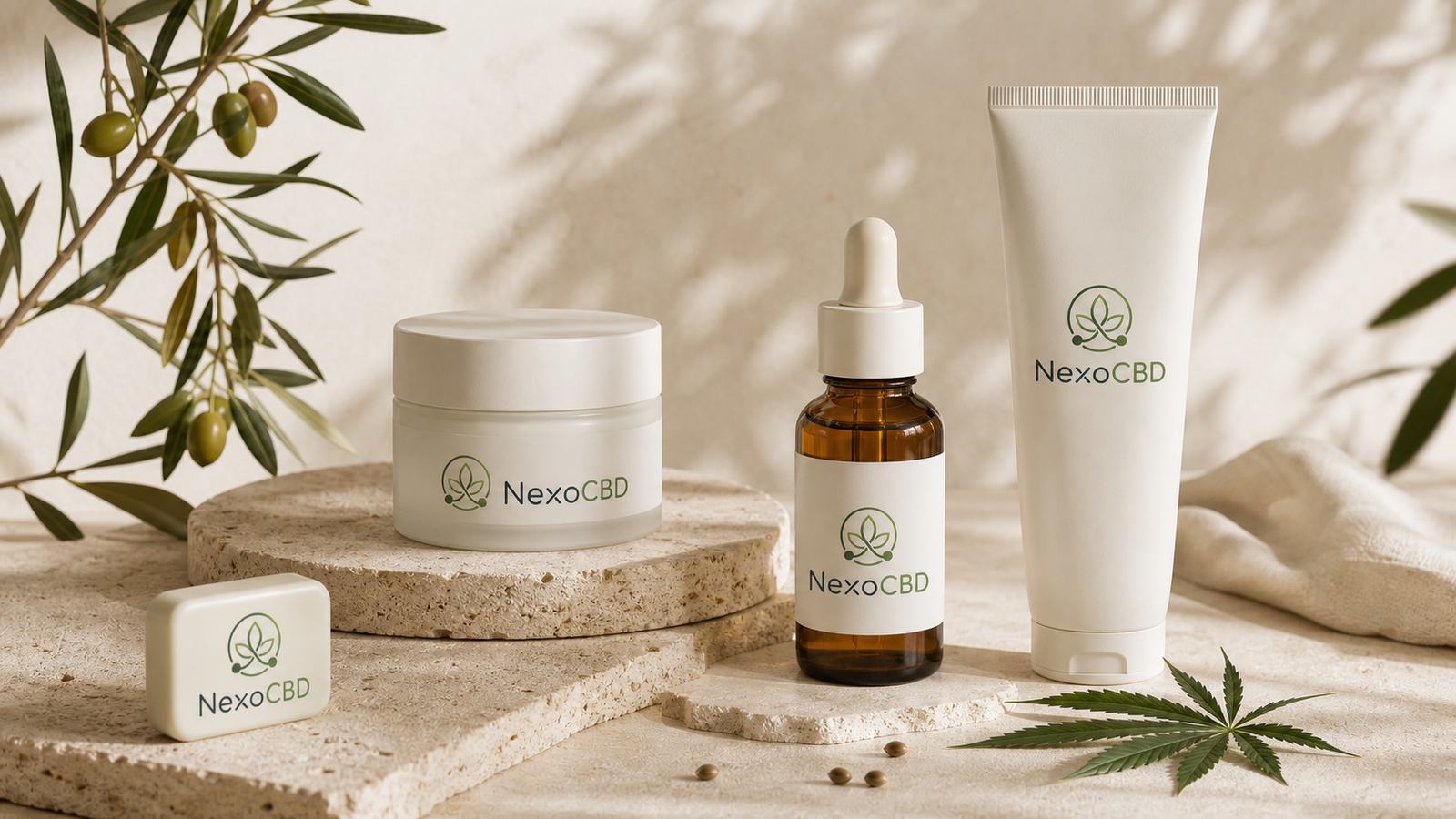 Línea conceptual de cosméticos NexoCBD sobre piedra clara